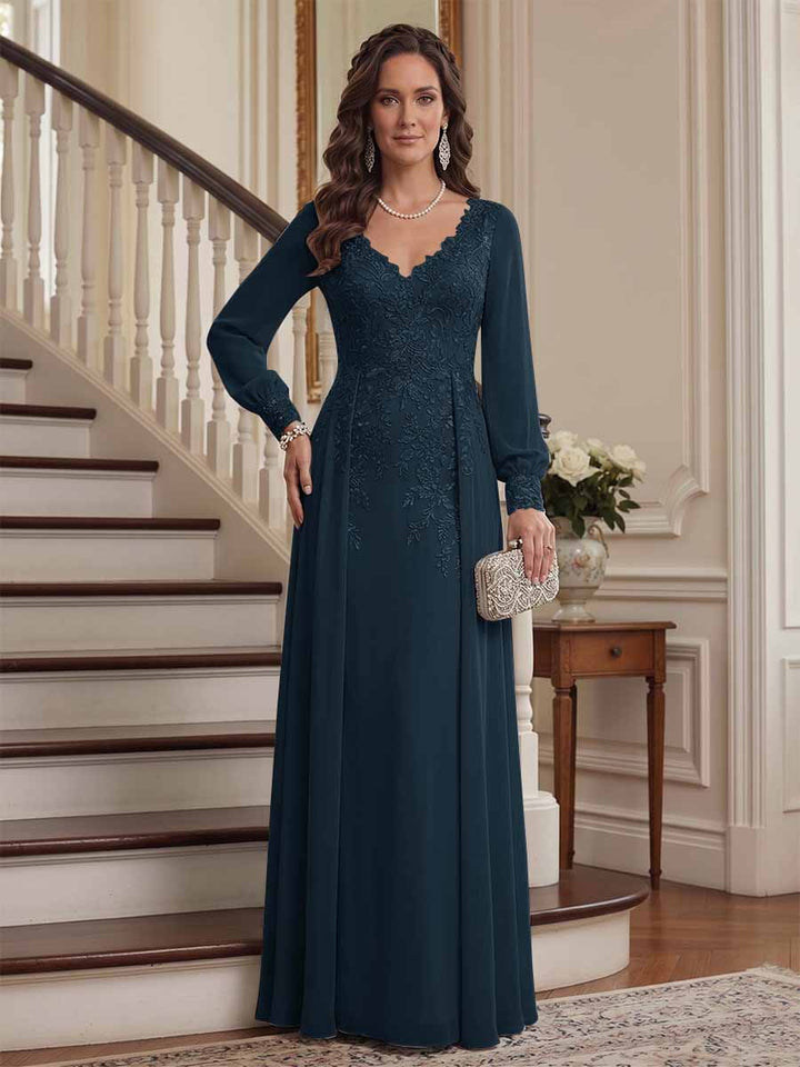 A-Line/Princess V-Neck Long Sleeves Floor-Length Mother of the Bride Dresses with Lace &amp; Applique