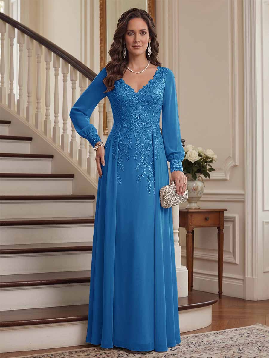 A-Line/Princess V-Neck Long Sleeves Floor-Length Mother of the Bride Dresses with Lace &amp; Applique