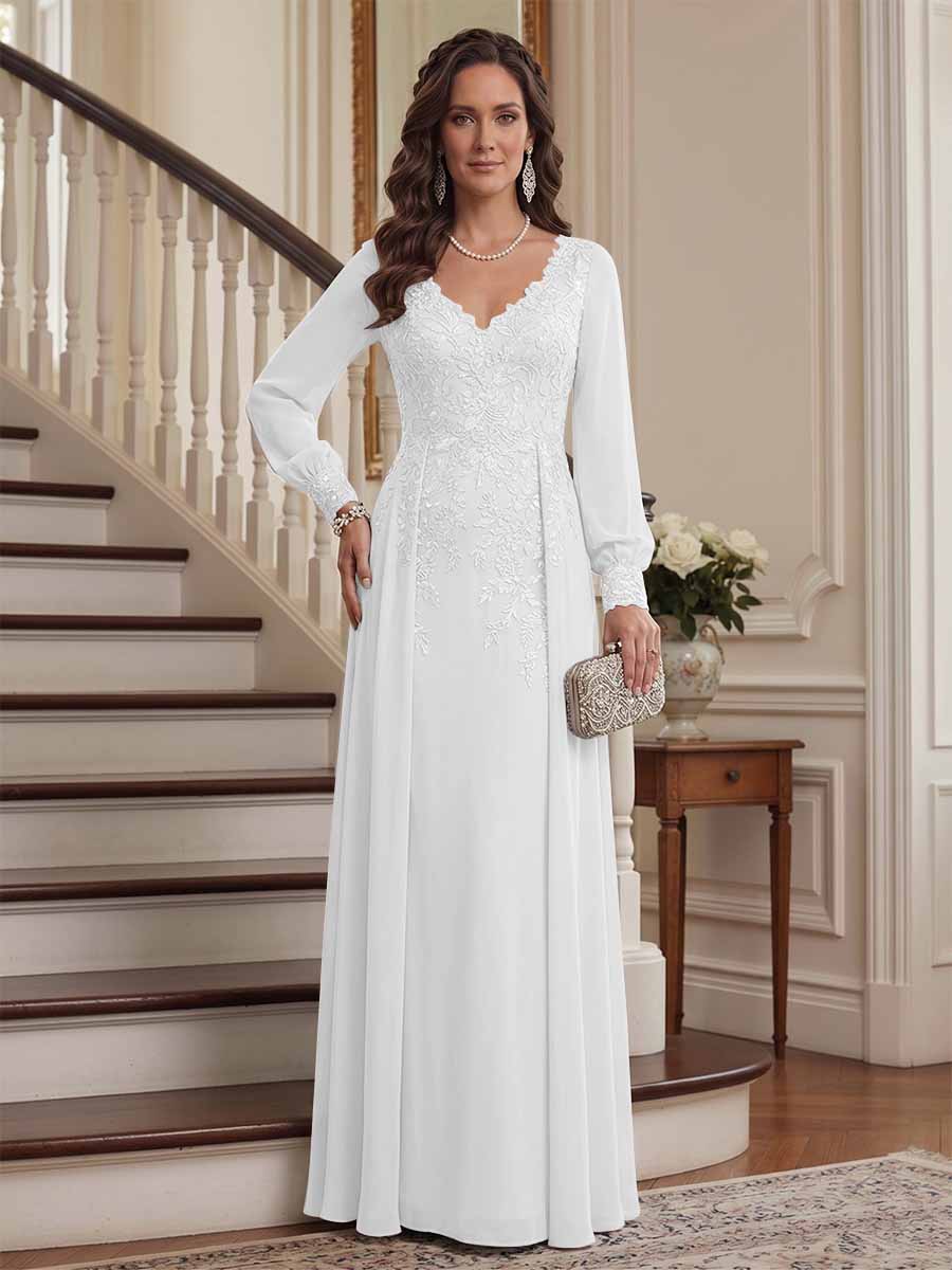 A-Line/Princess V-Neck Long Sleeves Floor-Length Mother of the Bride Dresses with Lace &amp; Applique