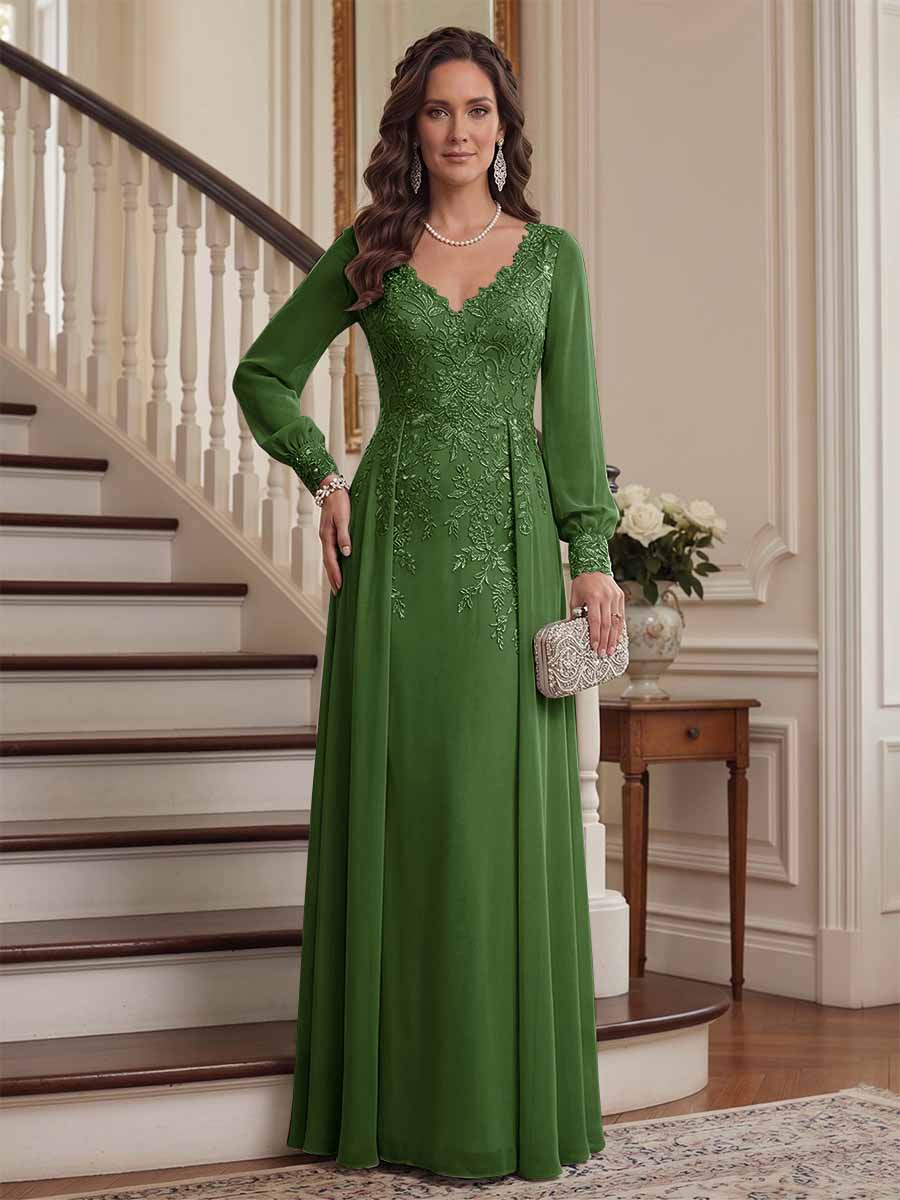 A-Line/Princess V-Neck Long Sleeves Floor-Length Mother of the Bride Dresses with Lace &amp; Applique