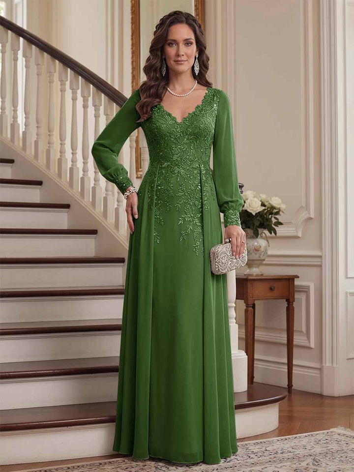 A-Line/Princess V-Neck Long Sleeves Floor-Length Mother of the Bride Dresses with Lace &amp; Applique