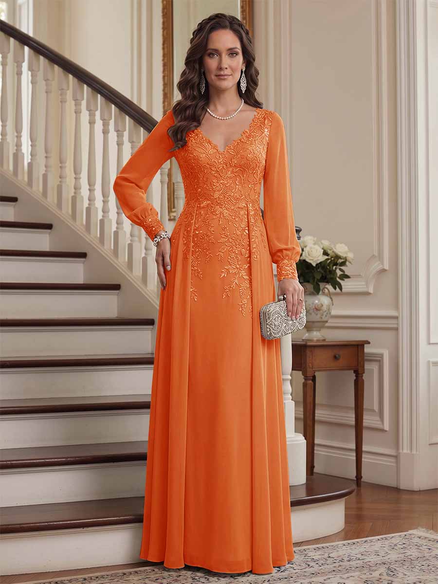A-Line/Princess V-Neck Long Sleeves Floor-Length Mother of the Bride Dresses with Lace &amp; Applique