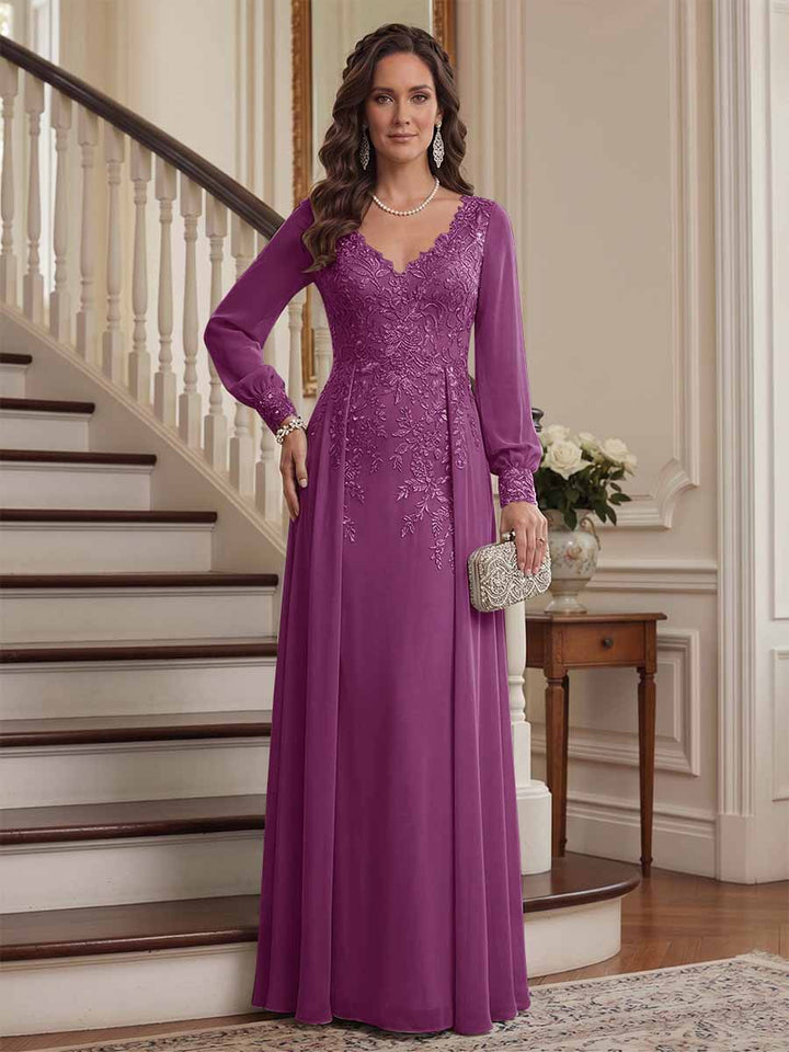 A-Line/Princess V-Neck Long Sleeves Floor-Length Mother of the Bride Dresses with Lace &amp; Applique