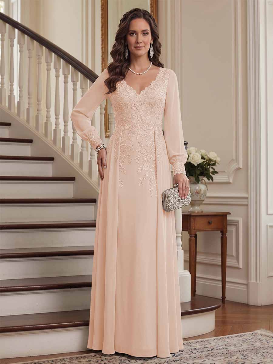 A-Line/Princess V-Neck Long Sleeves Floor-Length Mother of the Bride Dresses with Lace &amp; Applique