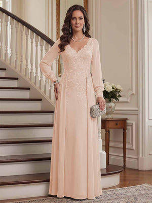 A-Line/Princess V-Neck Long Sleeves Floor-Length Mother of the Bride Dresses with Lace & Applique