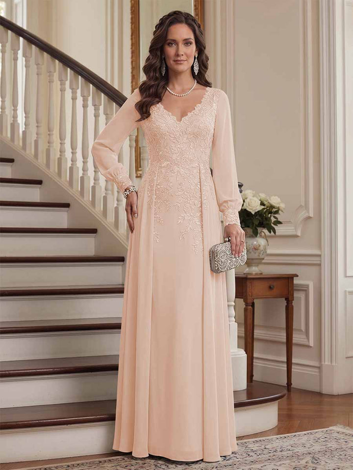 A-Line/Princess V-Neck Long Sleeves Floor-Length Mother of the Bride Dresses with Lace &amp; Applique