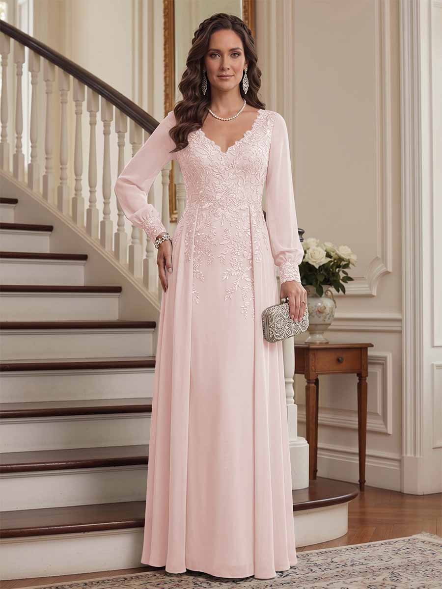 A-Line/Princess V-Neck Long Sleeves Floor-Length Mother of the Bride Dresses with Lace &amp; Applique