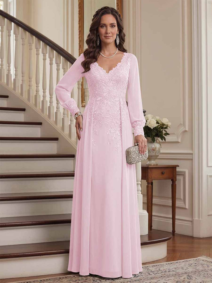 A-Line/Princess V-Neck Long Sleeves Floor-Length Mother of the Bride Dresses with Lace &amp; Applique