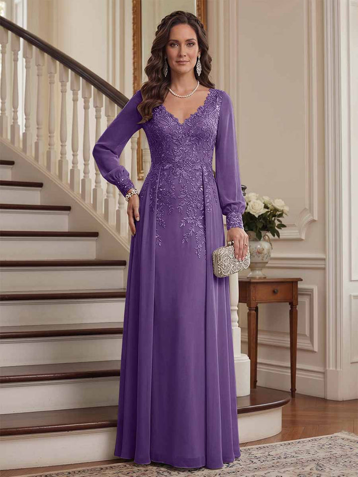 A-Line/Princess V-Neck Long Sleeves Floor-Length Mother of the Bride Dresses with Lace &amp; Applique