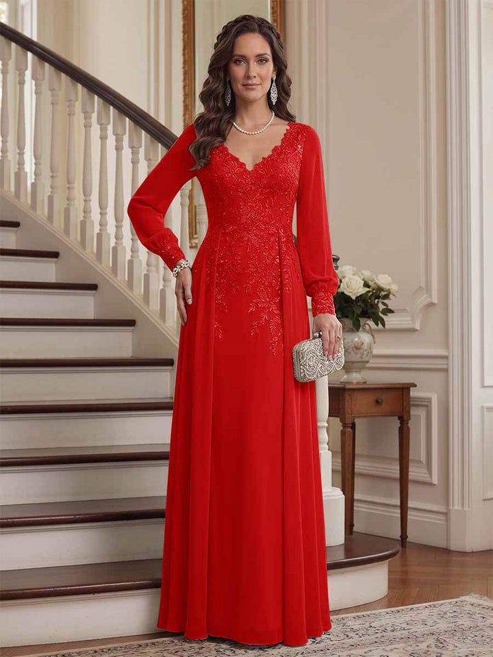 A-Line/Princess V-Neck Long Sleeves Floor-Length Mother of the Bride Dresses with Lace &amp; Applique