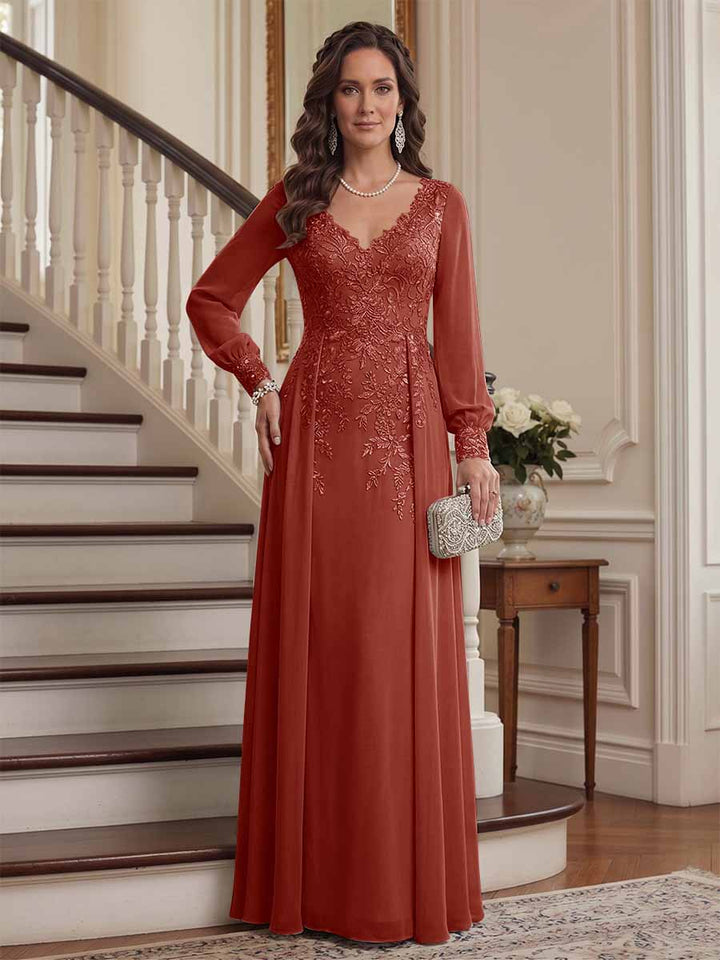A-Line/Princess V-Neck Long Sleeves Floor-Length Mother of the Bride Dresses with Lace &amp; Applique