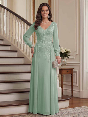 A-Line/Princess V-Neck Long Sleeves Floor-Length Mother of the Bride Dresses with Lace & Applique