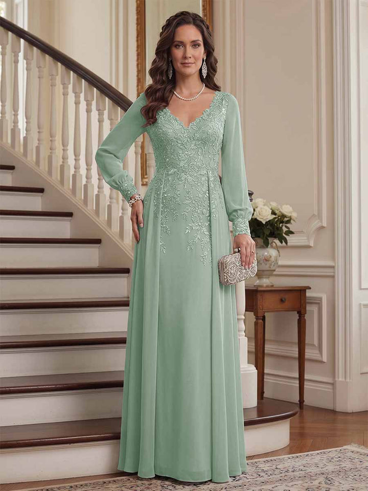 A-Line/Princess V-Neck Long Sleeves Floor-Length Mother of the Bride Dresses with Lace &amp; Applique