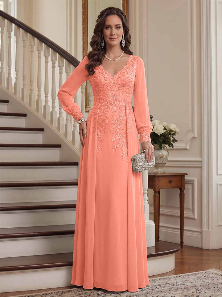 A-Line/Princess V-Neck Long Sleeves Floor-Length Mother of the Bride Dresses with Lace &amp; Applique