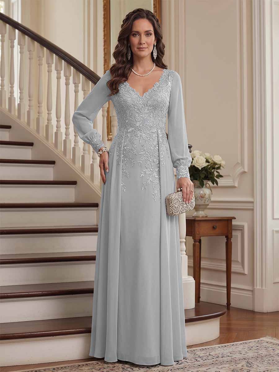 A-Line/Princess V-Neck Long Sleeves Floor-Length Mother of the Bride Dresses with Lace &amp; Applique