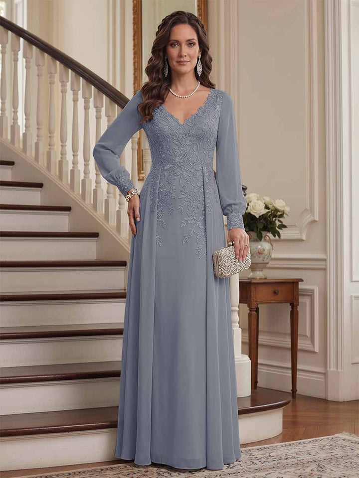 A-Line/Princess V-Neck Long Sleeves Floor-Length Mother of the Bride Dresses with Lace &amp; Applique