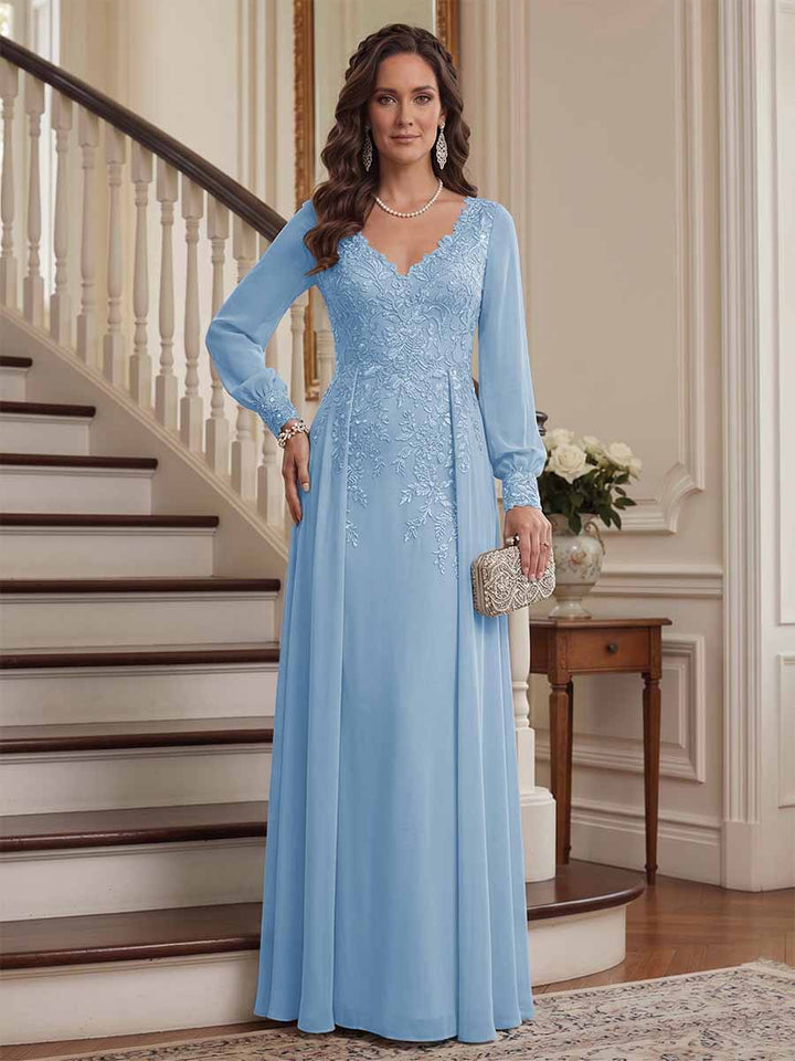 A-Line/Princess V-Neck Long Sleeves Floor-Length Mother of the Bride Dresses with Lace &amp; Applique