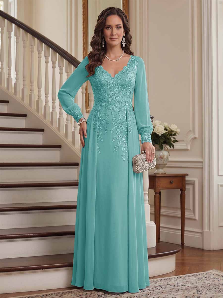 A-Line/Princess V-Neck Long Sleeves Floor-Length Mother of the Bride Dresses with Lace &amp; Applique