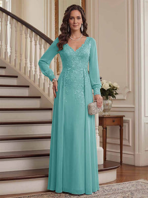 A-Line/Princess V-Neck Long Sleeves Floor-Length Mother of the Bride Dresses with Lace & Applique