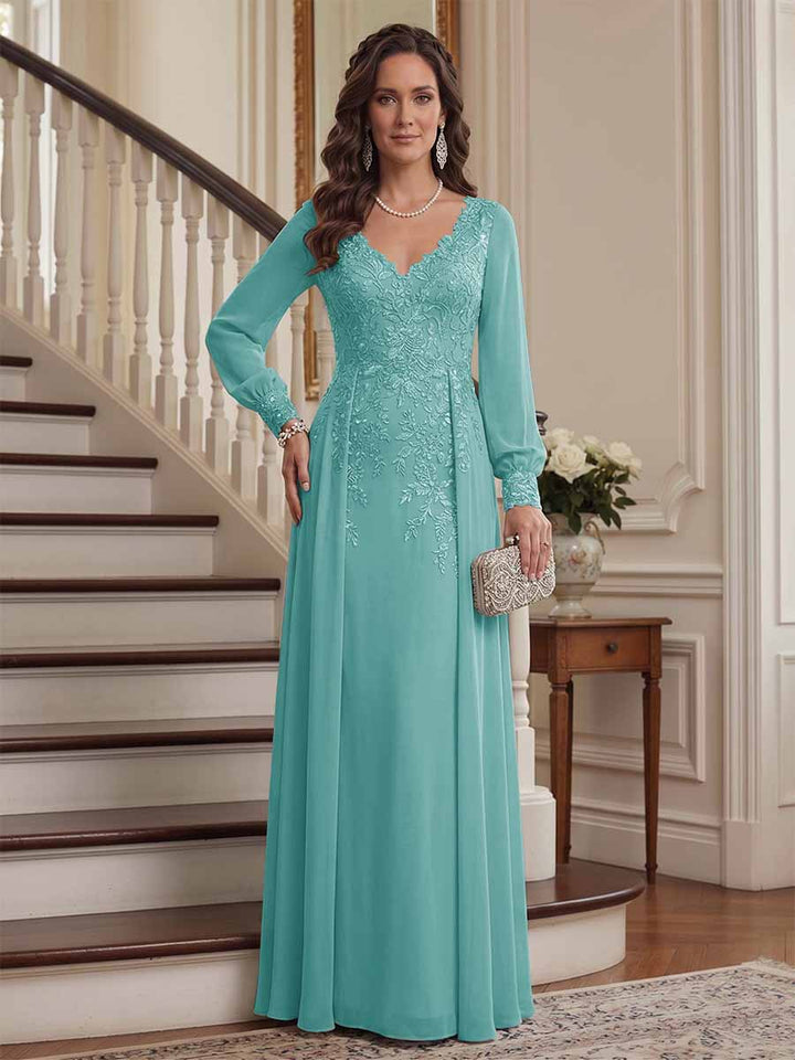 A-Line/Princess V-Neck Long Sleeves Floor-Length Mother of the Bride Dresses with Lace &amp; Applique