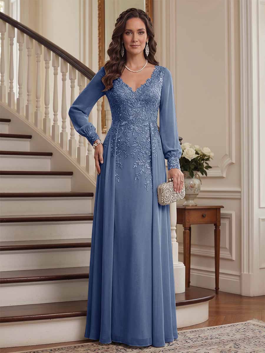 A-Line/Princess V-Neck Long Sleeves Floor-Length Mother of the Bride Dresses with Lace &amp; Applique