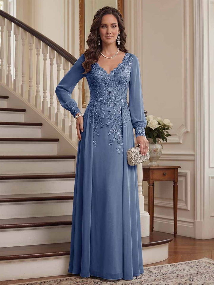 A-Line/Princess V-Neck Long Sleeves Floor-Length Mother of the Bride Dresses with Lace &amp; Applique