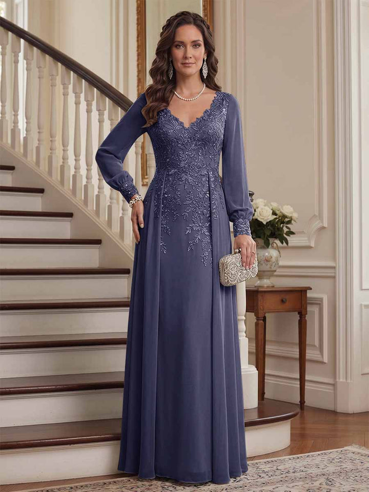 A-Line/Princess V-Neck Long Sleeves Floor-Length Mother of the Bride Dresses with Lace &amp; Applique