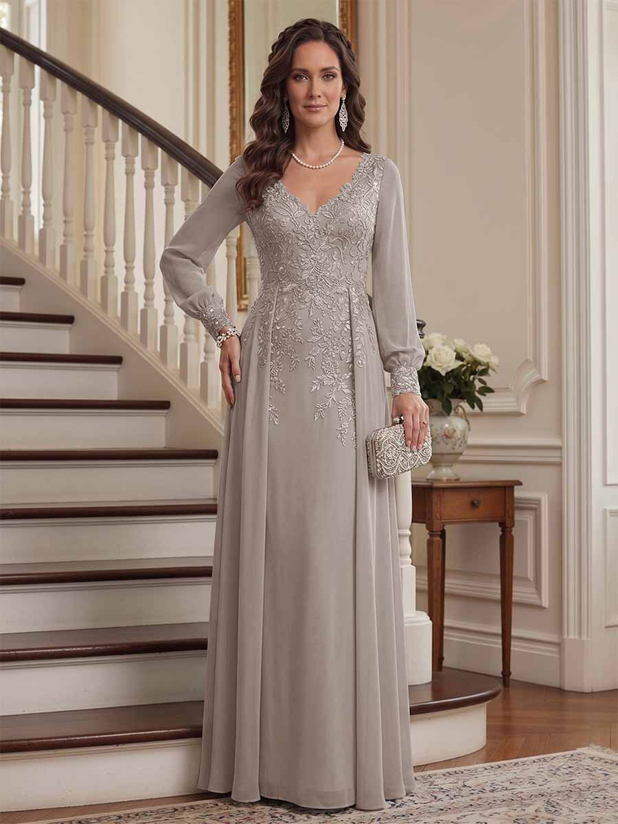 A-Line/Princess V-Neck Long Sleeves Floor-Length Mother of the Bride Dresses with Lace & Applique