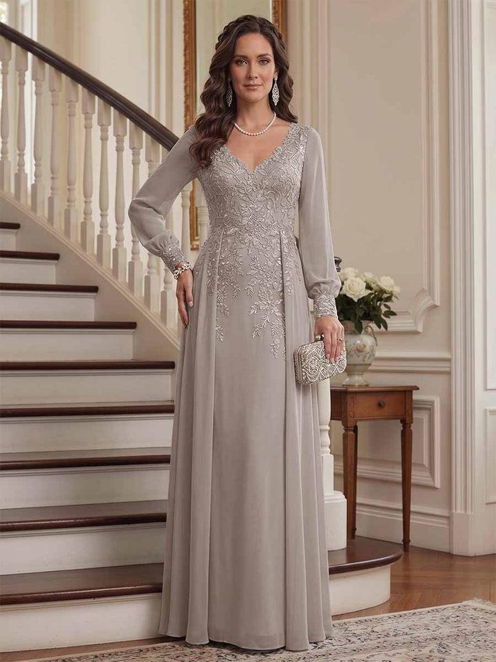 A-Line/Princess V-Neck Long Sleeves Floor-Length Mother of the Bride Dresses with Lace &amp; Applique