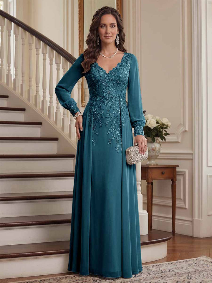 A-Line/Princess V-Neck Long Sleeves Floor-Length Mother of the Bride Dresses with Lace &amp; Applique