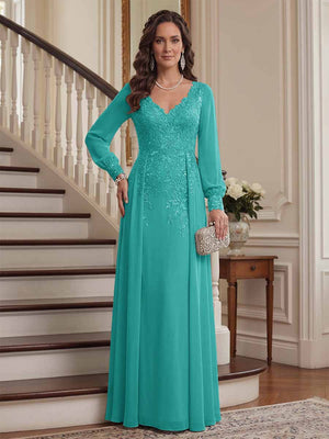 A-Line/Princess V-Neck Long Sleeves Floor-Length Mother of the Bride Dresses with Lace & Applique