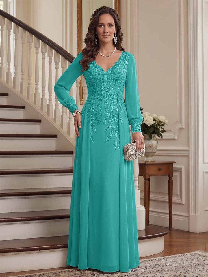 A-Line/Princess V-Neck Long Sleeves Floor-Length Mother of the Bride Dresses with Lace &amp; Applique