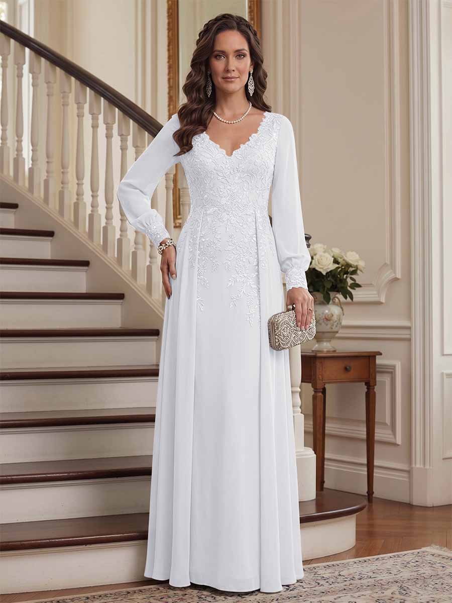 A-Line/Princess V-Neck Long Sleeves Floor-Length Mother of the Bride Dresses with Lace &amp; Applique