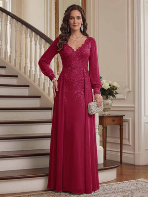 A-Line/Princess V-Neck Long Sleeves Floor-Length Mother of the Bride Dresses with Lace & Applique