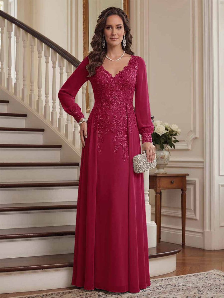A-Line/Princess V-Neck Long Sleeves Floor-Length Mother of the Bride Dresses with Lace &amp; Applique