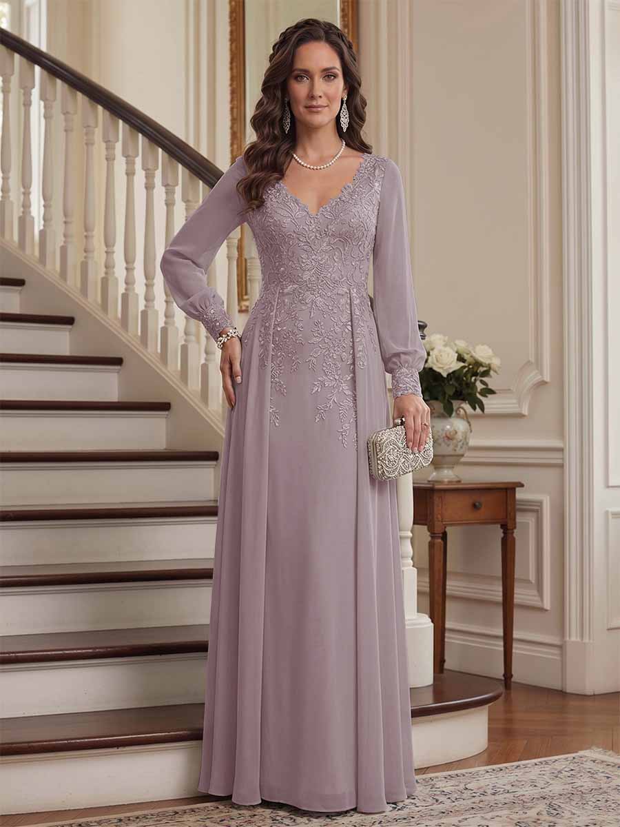 A-Line/Princess V-Neck Long Sleeves Floor-Length Mother of the Bride Dresses with Lace &amp; Applique