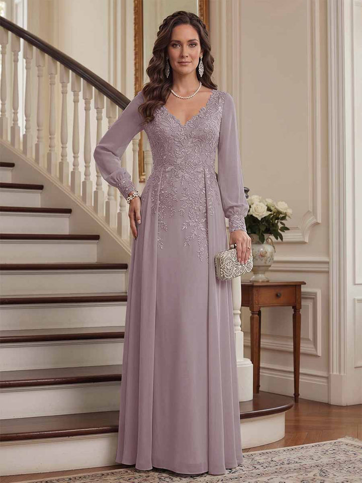 A-Line/Princess V-Neck Long Sleeves Floor-Length Mother of the Bride Dresses with Lace &amp; Applique