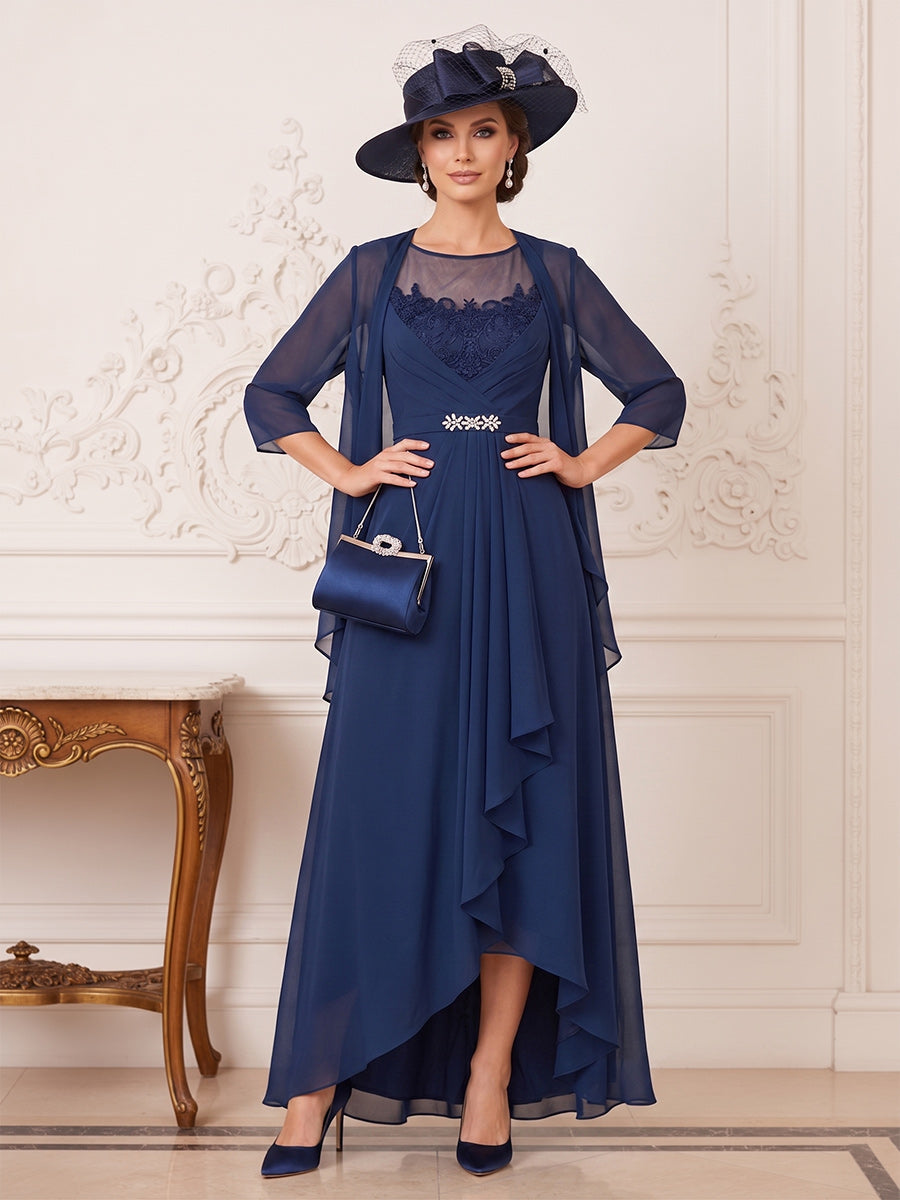 A-Line/Princess Illusion Neck 3/4 Sleeves Asymmetrical Mother of the Bride Dresses with Ruffles &amp; Jacket