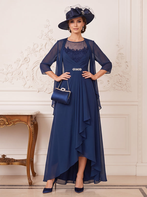 A-Line/Princess Illusion Neck 3/4 Sleeves Asymmetrical Mother of the Bride Dresses with Ruffles & Jacket