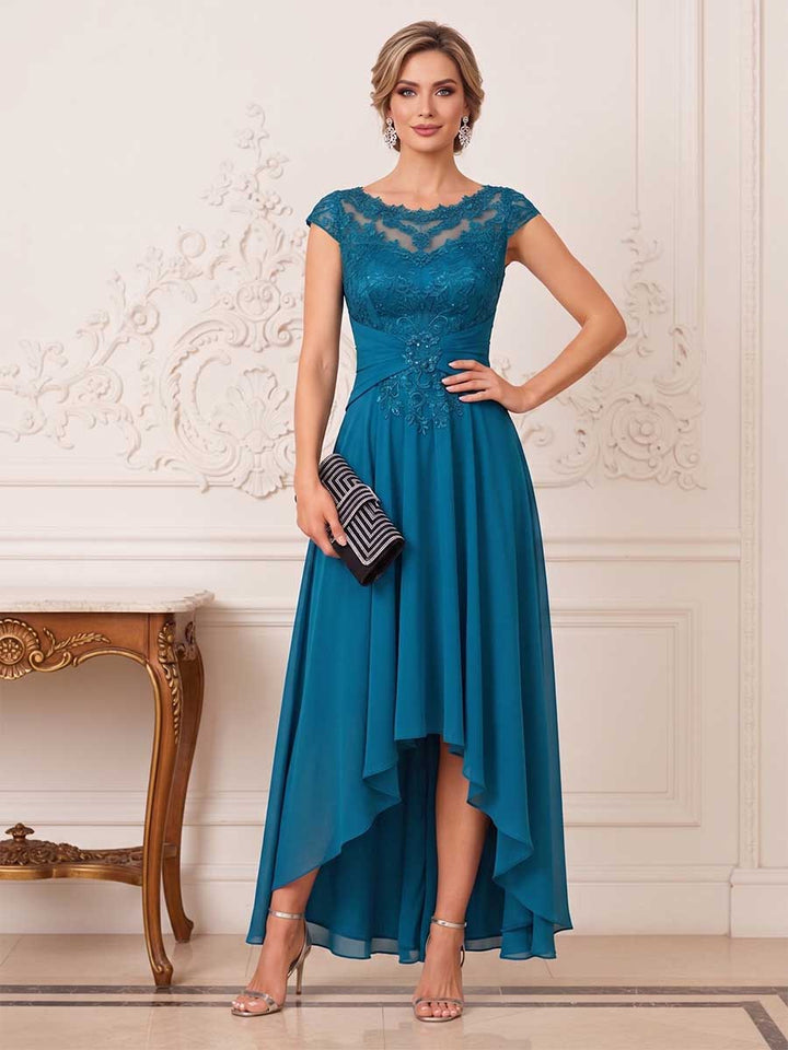 A-Line/Princess Illusion Neck Short Sleeves Asymmetrical Mother of the Bride Dresses with Applique &amp; Lace