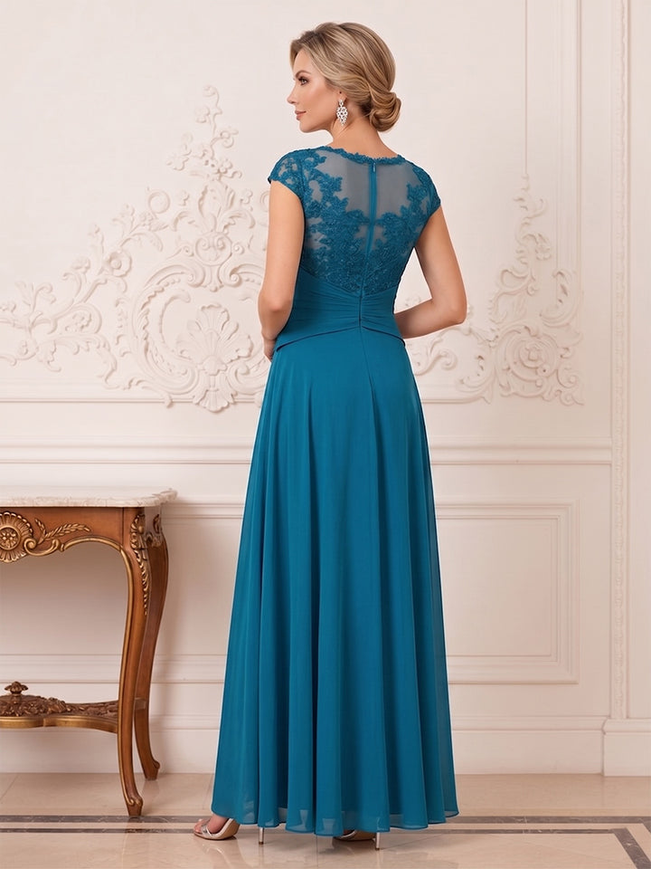 A-Line/Princess Illusion Neck Short Sleeves Asymmetrical Mother of the Bride Dresses with Applique &amp; Lace