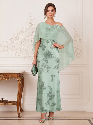 Sheath/Column One Shoulder Cap Sleeves Ankle-Length Long Mother of the Bride Dresses with 3D Floral