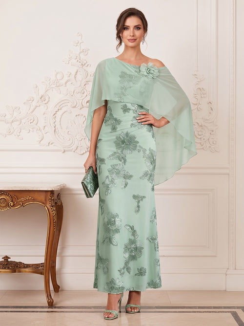 Sheath/Column One Shoulder Cap Sleeves Ankle-Length Long Mother of the Bride Dresses with 3D Floral