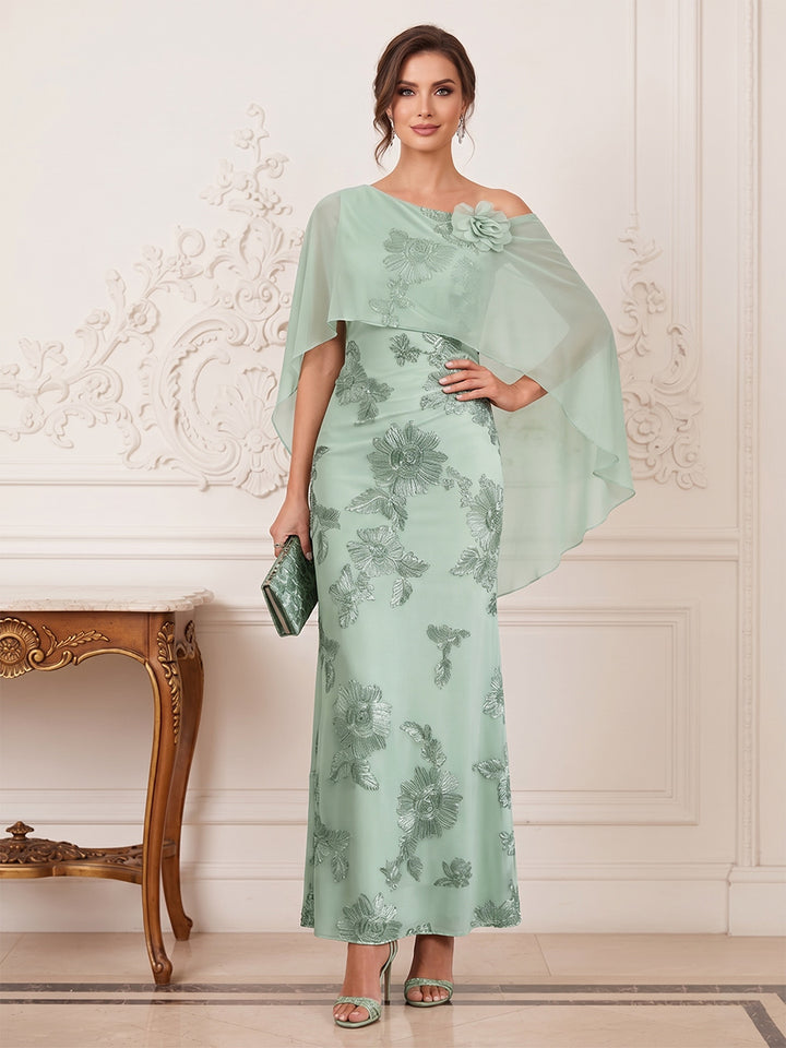 Sheath/Column One Shoulder Cap Sleeves Ankle-Length Long Mother of the Bride Dresses with 3D Floral