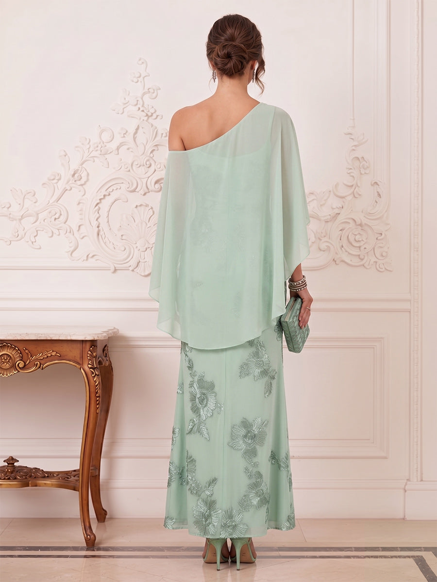 Sheath/Column One Shoulder Cap Sleeves Ankle-Length Long Mother of the Bride Dresses with 3D Floral