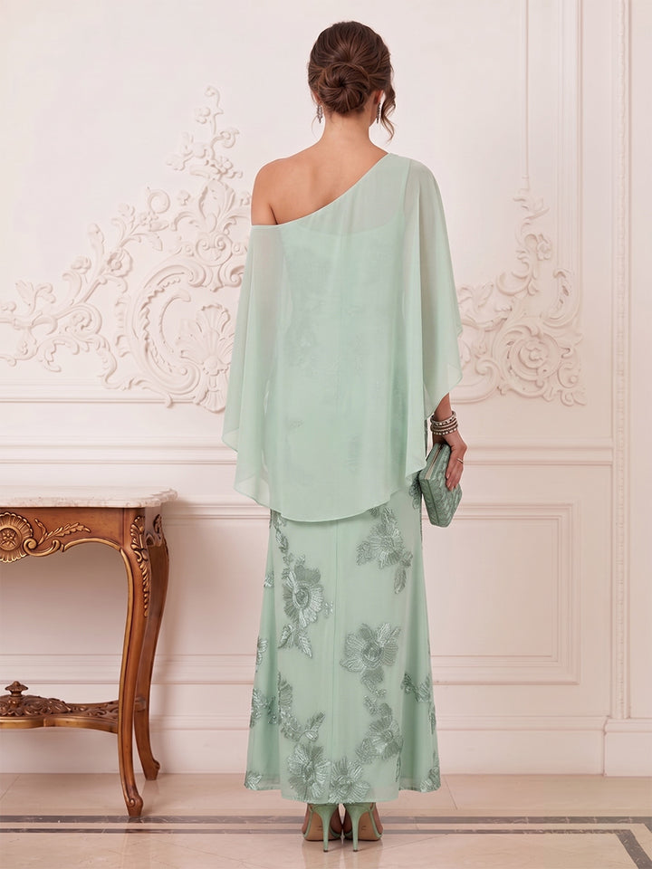 Sheath/Column One Shoulder Cap Sleeves Ankle-Length Long Mother of the Bride Dresses with 3D Floral