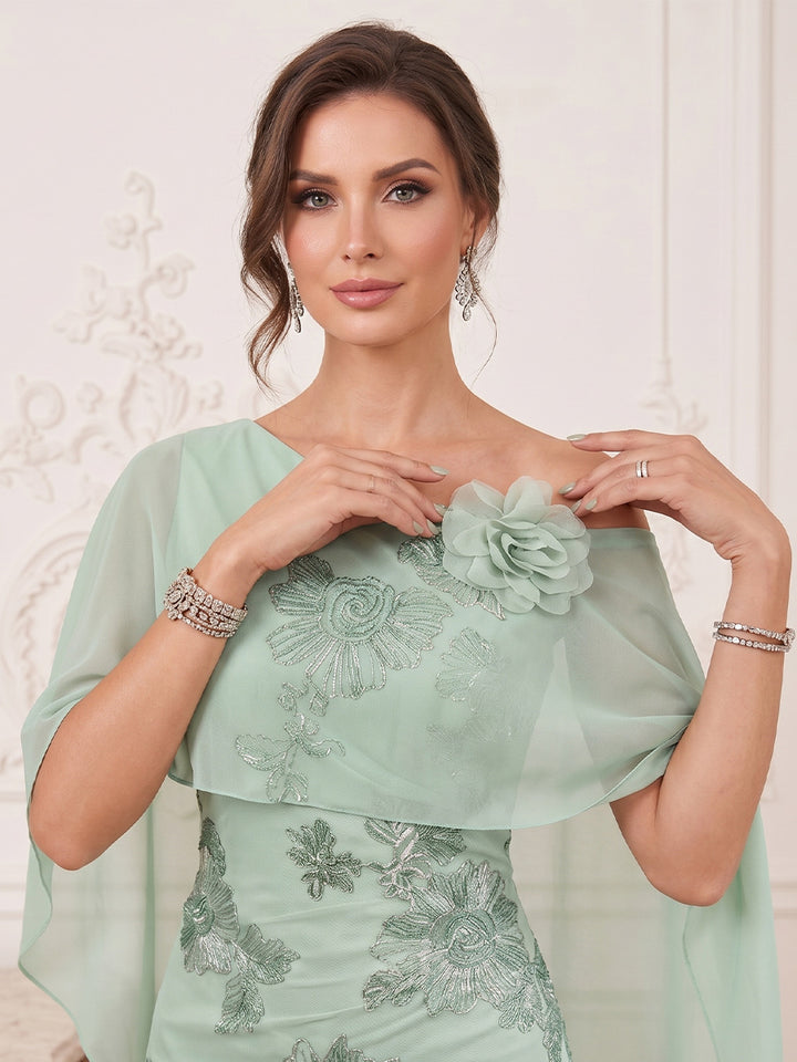 Sheath/Column One Shoulder Cap Sleeves Ankle-Length Long Mother of the Bride Dresses with 3D Floral