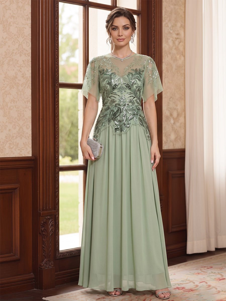 A-Line/Princess Illusion Neck Short Sleeves Floor-Length Mother of the Bride Dresses with Embroidery &amp; Ruffles