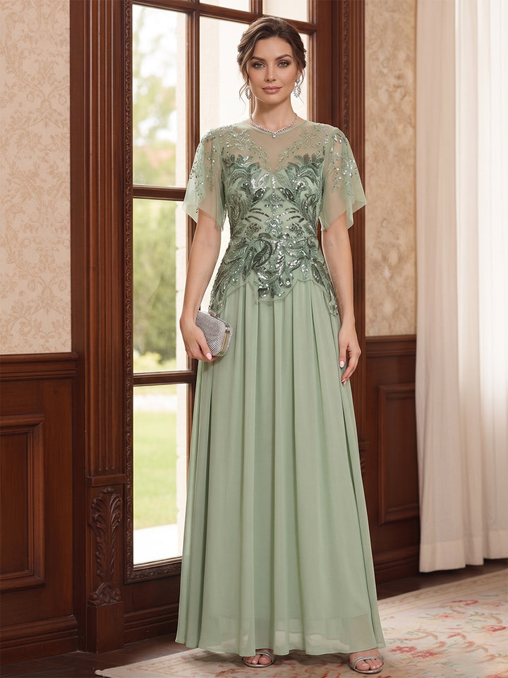 A-Line/Princess Illusion Neck Short Sleeves Floor-Length Mother of the Bride Dresses with Embroidery &amp; Ruffles