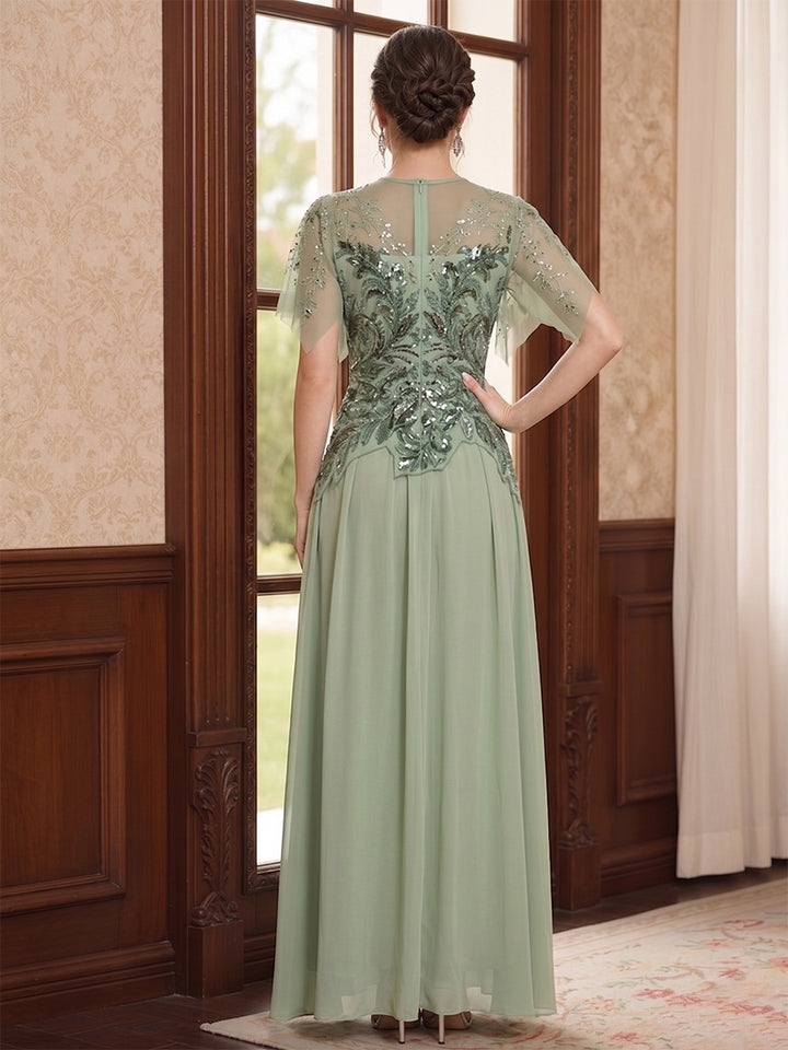 A-Line/Princess Illusion Neck Short Sleeves Floor-Length Mother of the Bride Dresses with Embroidery &amp; Ruffles